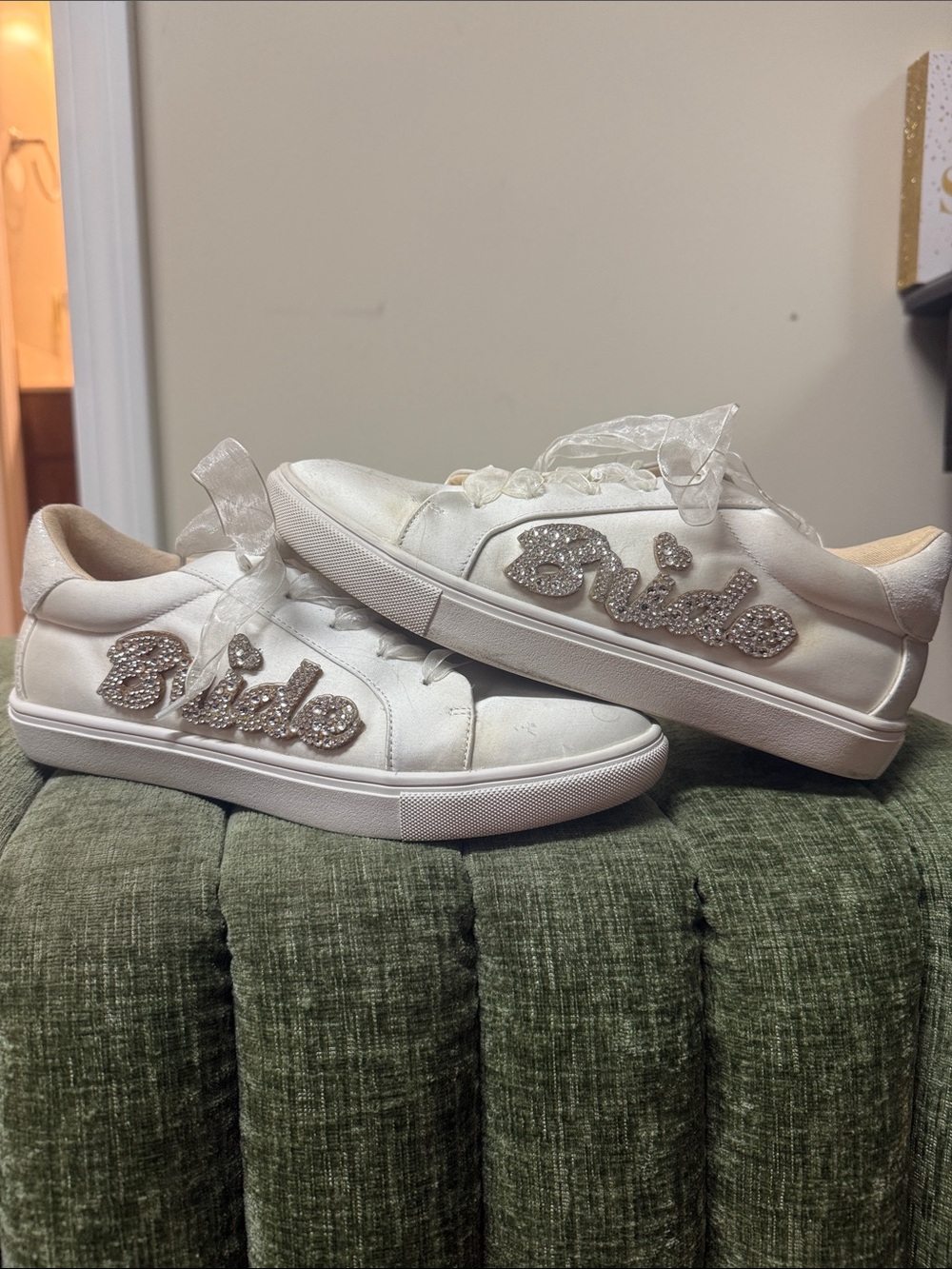 Betsey Johnson White Satin Rhinestone Script Sneakers